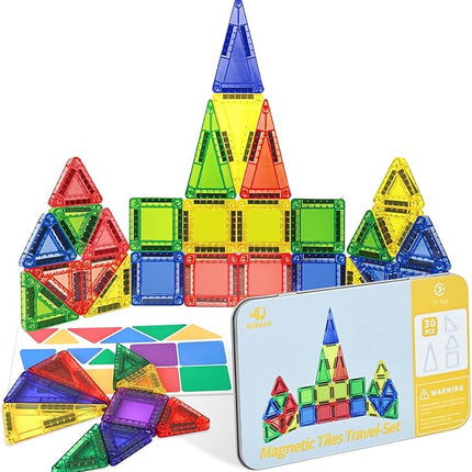 BEBOAN Travel Mini Magnetic Tiles 30PCS for Kids Ages 3+, Portable Travel Toy Essential Building Set Construction Toys with Storage Iron Case for Toddlers 3+ Boys Girls Birthday Gift