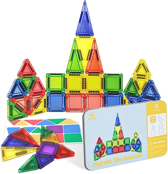 BEBOAN Travel Mini Magnetic Tiles 30PCS for Kids Ages 3+, Portable Travel Toy Essential Building Set Construction Toys with Storage Iron Case for Toddlers 3+ Boys Girls Birthday Gift