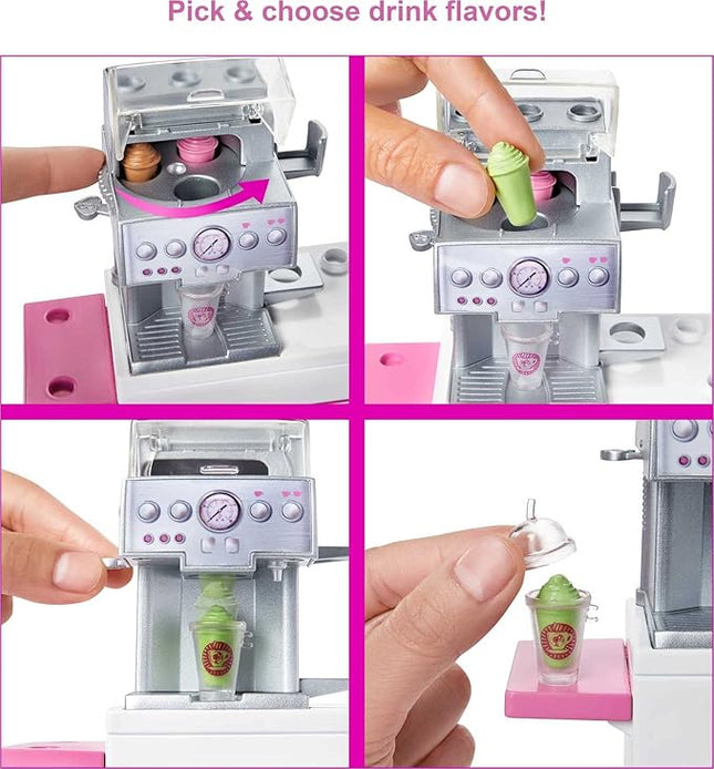 Barbie Coffee Shop with Doll and 20+ Realistic Play Pieces: Coffee Shop, Coffee-Smoothie Maker, Milk, Syrup, Snacks & More; for Ages 3 Years Old & Up - GMW03