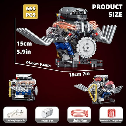 V8 Engine Building Blocks That Run,Mini V8 Car Engine Model Kit with LED Light and App Control,Collectible Set for Adults, Construction Engine Building Set for Kids.(665 Pcs)