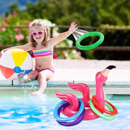 Camlinbo 15 Pcs Inflatable Flamingo Pool Toys Ring Toss Pool Game, Flamingos Luau Party Decor Hawaiian Beach Toys Carnival Outdoor Luau Party Games Supplies for Adults Family