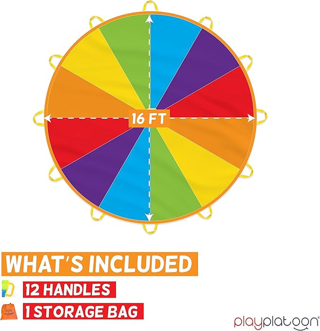 Play Platoon Rainbow Parachute Toy for Kids, 16 ft Parachute Game with 12 Handles for Kids, Elementary School Gym Class PE Equipment, Backyard/Indoor Play Equipment