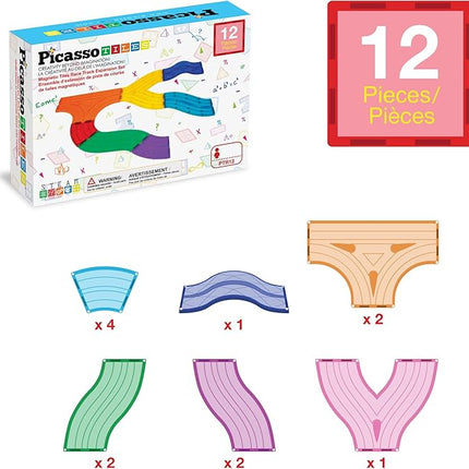 PicassoTiles 12pcs Race Track Add-On Magnetic Railway 5Styles Building Block Set Magnet Tiles Construction Toy STEM Learning Early Education Toys Blocks Child Brain Development for Kids Age 3+ PTR12