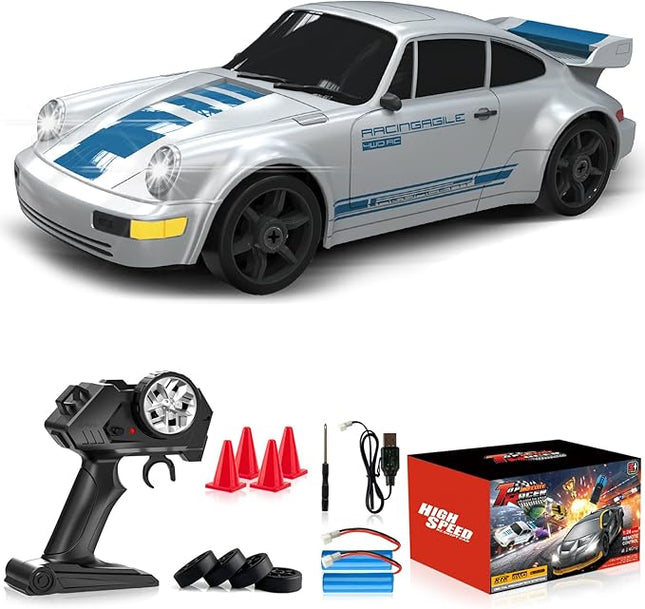 Remote Control Car RC Drift Car 2.4GHz 1:24 4WD 15KM/H High Speed Racing Sport Car with LED Lights Drifting Tire Racing Sport Toy for Adults Boys Girls Kids Gift 2Pcs Rechargeable Batteries