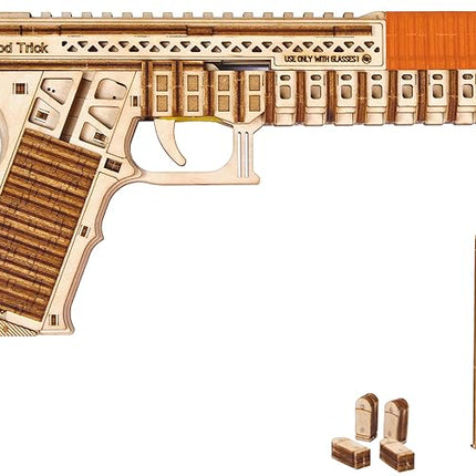 Wood Trick Defenders Gun 3D Wooden Puzzles for Adults to Build - Shoots up to 13 ft - 2 Clips - 9x5 in - Wooden Model Kits for Adults - 14+