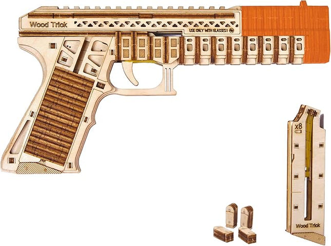 Wood Trick Defenders Gun 3D Wooden Puzzles for Adults to Build - Shoots up to 13 ft - 2 Clips - 9x5 in - Wooden Model Kits for Adults - 14+