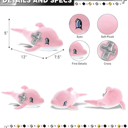 DolliBu Pink Dolphin Stuffed Animal with Silver Cross Plush - Religious Baptism Gifts for Boys and Girls, Dedication Christening Gifts Plush Prayer Toy, Healing Stuffed Animal Toy - 12 Inches