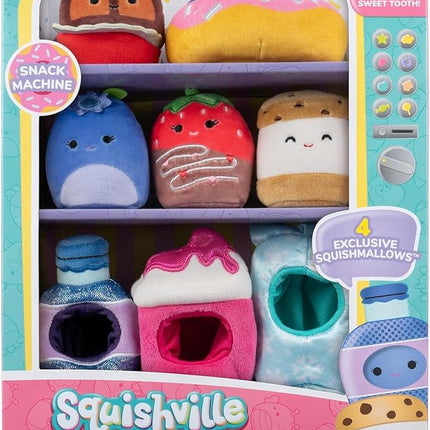 Squishville by Original Squishmallows Snack Machine Accessory Pack - Four 2-inch Squishmallows Plush Including Bluby, Kaoko, Scarlett, and Paulton and Four Plush Costumes - Toys for Kids