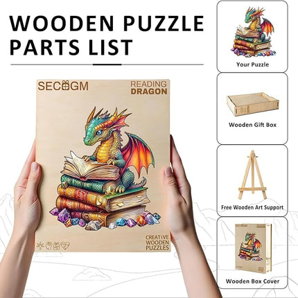 Wooden Puzzles for Adults - Reading Dragon Wood Puzzles Adult - Unique Animal Shape Wooden Jigsaw Puzzles for Adults - Birthday Gifts for Puzzle Lovers, Family (11.4 * 11.4in)