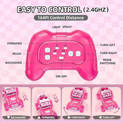 Pink Remote Control Car for Girls 4-7, 2.4GHz Off-Road RC Jeep with Spray, Climbing Toy for Girls Aged 3-4 5-6 7-8 9-10, Remote Control Vehicle Gift for Birthday Christmas Toys