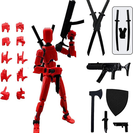 (Assembly Completed) 3D Printed Figure 5.54-inch Dummy13 with Weapon Expansion Set, Full Body Mechanical Movable Toy, Desk Decoration. (Bright Red)