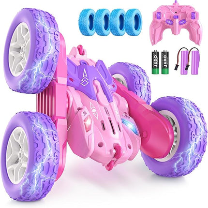 Remote Control Cars for Girls, 2.4GHz RC Stunt Car with 360° Flips & Double Sided Driving, Changeable Wheels, LED Headlights, Birthday Gift for 5-12 Year Old Girls (Pink)