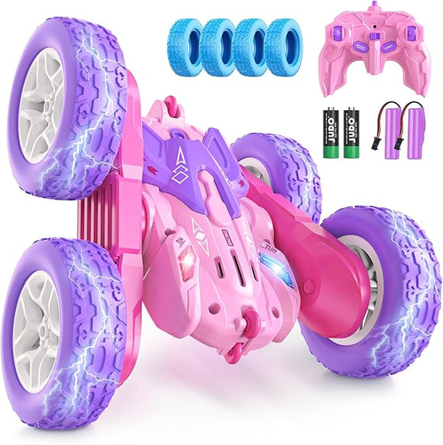 Remote Control Cars for Girls, 2.4GHz RC Stunt Car with 360° Flips & Double Sided Driving, Changeable Wheels, LED Headlights, Birthday Gift for 5-12 Year Old Girls (Pink)