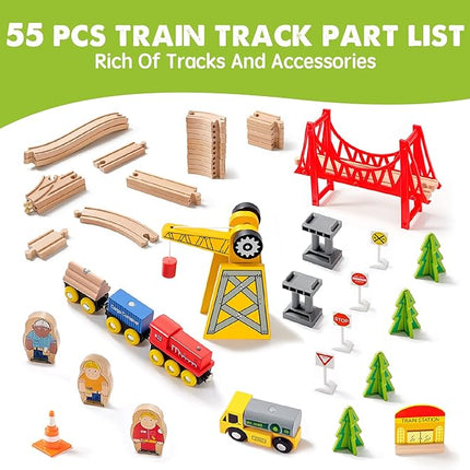 Tiny Land 55PCS Wooden Train Set - Compatible with Major Brand Tracks, Educational Toy for Toddlers & Kids Ages 3-7, Durable Wooden Railway Tracks