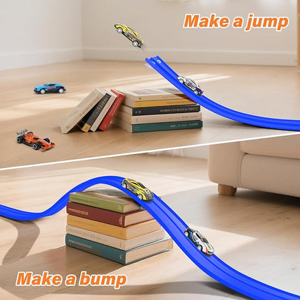 KETIEE Flex Tracks 16Ft for Kids: Flexible Race Car Ramp Track with 4 Small Racecars and 8 Suction Cups Compatible with Hot Wheels and Diecast 1/64th Cars, Rolls Up Portable Racetrack for Ages 3 & Up