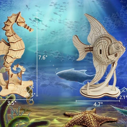 3D Wooden Sea Animal Puzzle - 6 Piece Set Wood Sea Animals Skeleton Assembly Model Kits - Wooden Crafts DIY Brain Teaser Puzzle - STEM Toys Gifts for Adults & Teens Birthday Gifts Christmas