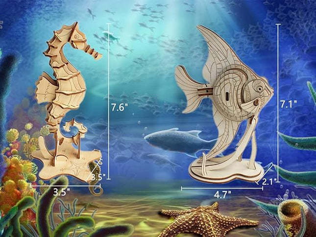 3D Wooden Sea Animal Puzzle - 6 Piece Set Wood Sea Animals Skeleton Assembly Model Kits - Wooden Crafts DIY Brain Teaser Puzzle - STEM Toys Gifts for Adults & Teens Birthday Gifts Christmas