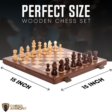 Chess Armory Wooden Chess Set 15 Inch - Premium Walnut Wood Handcrafted Game Board for Adults and Kids with Extra Queen Pieces and Storage Box - Ideal for Home and Travel - Non-Magnetic