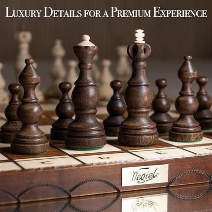 Wegiel Legate Luxury Wooden Chess Set for Adults and Kids - 18 Inch Handcrafted from Premium Beech and Birch Wood - Unique Folding Design with Chess Piece Storage