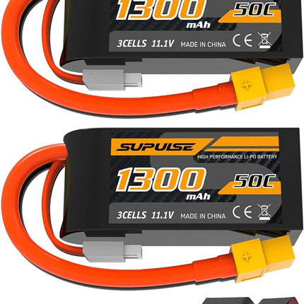 SUPULSE 11.1V 3S Lipo Battery 50C 1300mAh Soft Case Battery with T Plug and XT60 Plug for RC Airplane Helicopter RC Boat RC Car Truck(2 Packs)