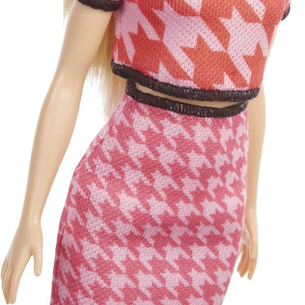 Barbie Fashionistas Doll #169 with Long Blonde Hair, Houndstooth Crop Top & Skirt & Accessories Including Platform Shoes & 2 Barrettes