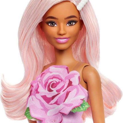 Barbie Fashionistas Doll #238 with Pastel Pink Hair Wearing Strapless Dress with Rose Bodice, Pearly Barrette Accessory and Strappy Pink Heels