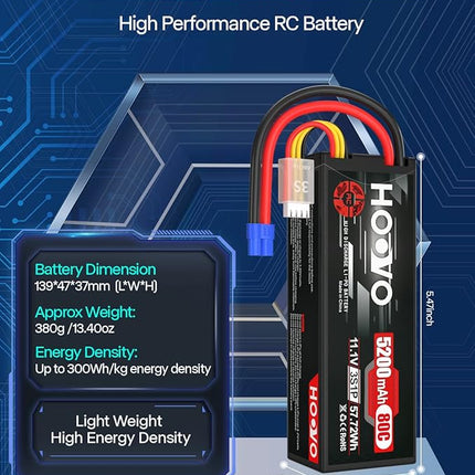 HOOVO 11.1V 3S Lipo Battery 5200mAh 80C Hard Case with EC3 Connector for RC Car Boat Truck Heli Airplane Hobby FPV Racing