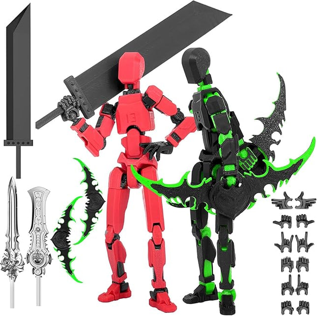 [2-Pack] Assembled Titan 13 Action Figure Set, 3D Printed T13 Dummy Action Figure Multi-Jointed Movable Hand, Lucky 13, Desktop Decorations Game Gifts, (Black Green + Red Black)