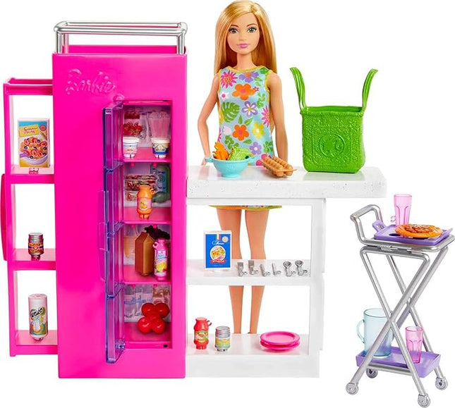 Barbie Doll & 25+ Accessories, Ultimate Pantry Playset with Dollhouse Furniture, Food-Themed Pieces & Sticker Sheet