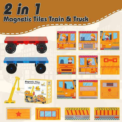 Magnetic Tiles Cars Construction Set - 19 PCS Magnetic Tiles Magnet Bricks Truck Sensory Toys, Educational Magnet Cars Set Building Blocks for 3 4 5 6 7 8+ Year Old Girls Boys Toddler Expansion Set