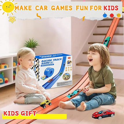 16Ft Flexible Race Track for Kids, Race Car Ramp Track Compatible with Hot Wheel and Diecast 1/64th Cars, Portable Roll Up Race Tracks with Strong Suction Cups - Orange