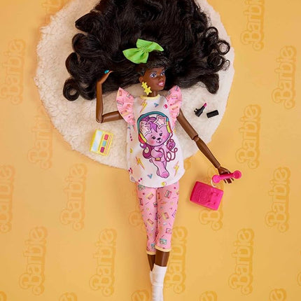 Barbie Rewind Doll & Accessories with Curly Black Hair & 1980s-inspired Slumber Party Outfit, Collectible & Displayable