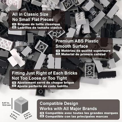 Building Bricks 1000 Pieces in Black, Dark Grey, Light Grey & White, Classic General Building Blocks Toys for Boys & Girls, Bulk Basic Brick Tiles for Adult's Building Projects