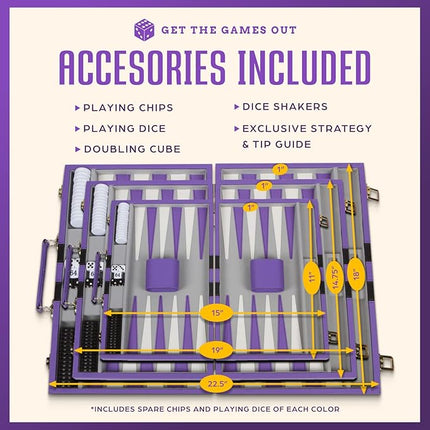 Get The Games Out Backgammon Set, Classic Board Game Case, 2 Players, Includes Strategy & Tip Guide, Perfect for Parties and Family Game Nights -Small, Purple