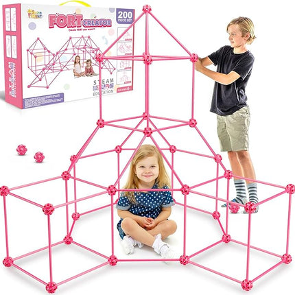 SpringFlower Fort Building Kit for Kids,STEM Construction Toys, Educational Gift for 4 5 6 7 8 9 10 11 12 Years Old Boys and Girls,Ultimate Creative Set for Indoor & Outdoors Activity,200 Pcs,Pink