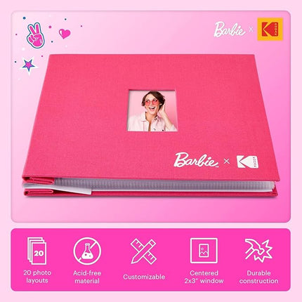 KODAK x Barbie Pink 8x8” Cloth Covered Scrapbook Photo Album with Front Picture Window for Barbie Instant 2x3” ZINK Zero Ink Photo Paper Projects