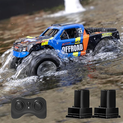 1/12 Big Amphibious Remote Control Car，Monster Truck Pool Toy w/ Waterproof Remote, 4WD, 2.4G, 2 Modular Batteries (60+Mins), Off Road All Terrains RC Car For Boys Adults Kids 4-12, Ideal Gift-Blue