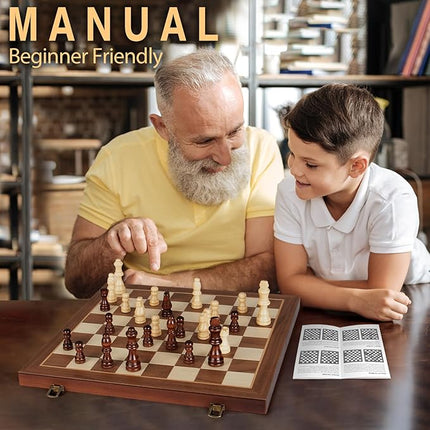 Magnetic Wooden Chess Set, 15" Folding Chess Board with 2 Extra Queens, Portable Travel Chess Set with Pieces Storage Slots, Beginner Chess Board Game for Adults & Kids