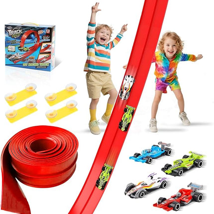 Race Track, Flex Track 12.8 Ft Starter Set, Car Truck Track Compatible with Hot Wheels and Diecast 1/64th Cars, Classic Long Roll Up Race Track with 4 Cars and 12 Suckers, Gifts for Kids Toddlers