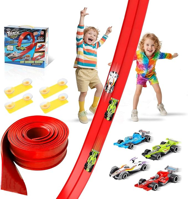 Race Track, Flex Track 12.8 Ft Starter Set, Car Truck Track Compatible with Hot Wheels and Diecast 1/64th Cars, Classic Long Roll Up Race Track with 4 Cars and 12 Suckers, Gifts for Kids Toddlers
