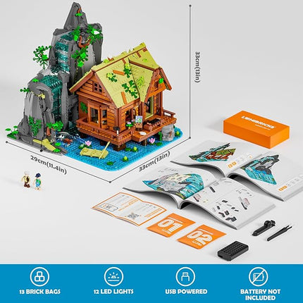 Waterfall-Cabin Lighting Building-Bricks Set - 2539 Pcs Retro Waterfall House Collection LED Light Set for Adults and Retro House Architecture Building Collectors