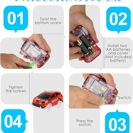 Tracks Cars Only Replacement, Flex Track Race cars for Magic Tracks Glow in the Dark, LED Lights Up Battery Operated Snap N Glow Trax cars Accessories, Compatible with Most Car Tracks for Kids (4pack