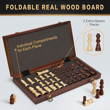 Magnetic Wooden Chess Set, 15" Folding Chess Board with 2 Extra Queens, Portable Travel Chess Set with Pieces Storage Slots, Beginner Chess Board Game for Adults & Kids