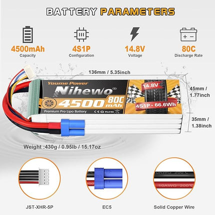 4S Lipo Battery 14.8V RC Battery 4500mAh 80C with EC5 Plug Compatible with 1/10 1/8 Scale RC Car Truck Vehicle Airplane Helicopter Boat Tank Models(2 Packs)