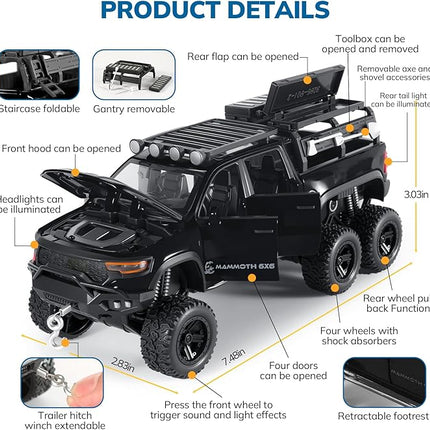 Toy Trucks for Boys 1/32 Diecast Trucks Mammoth Model Truck,Collectible Pickup Truck Model Kit,Pull Back Cars with Lights and Sounds,Toy Trucks for Boys Age 4-7（Black）