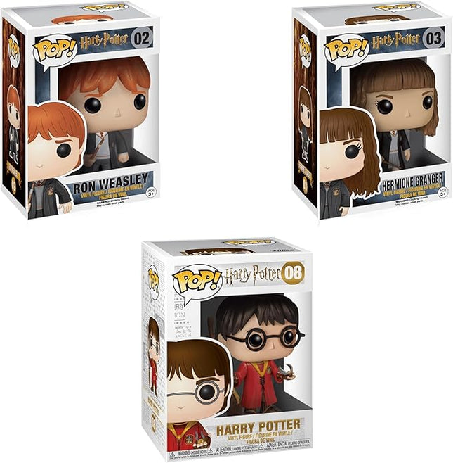 Funko Pop! Movies: Harry Potter 3-Pack – Ron Weasley (#02), Hermione Granger (#03), & Quidditch Harry (#08) Collectible Vinyl Figures