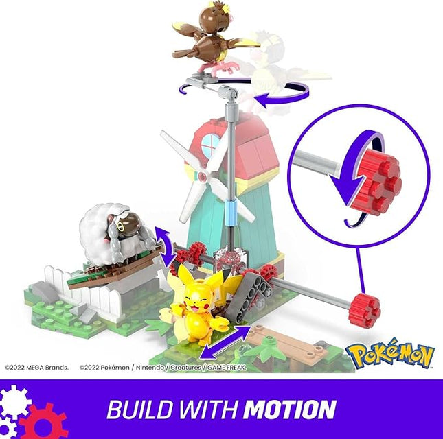 MEGA Pokemon Action Figure Building Toy Set, Countryside Windmill with 240 Pieces, Motion and 3 Poseable Characters, Gift Idea for Kids