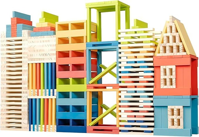 300pcs Open Ended Wooden Building Blocks for Kids 6.6lb, Solid Rectangular Wood Construction Toys for Toddlers, STEM Building Set,Birthday Gift for Kids Ages 3-8 Small 4.7" - Pine Rainbow
