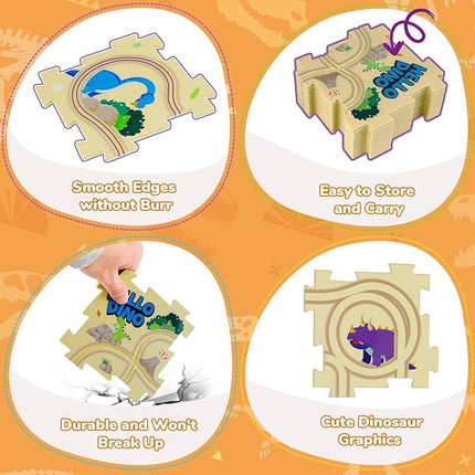 Puzzle Racer Kids Car Track Set with 2 Dino Cars, Kids Toys for 3-5 Year Old Boys, Montessori Toys for 3+ Year Old
