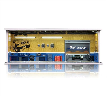 1/64 Scale Cars Display Case: Toy Car Parking Garage with LED Light Compatible with Hot Wheels, FoamBoard Storage Display for Matchbox with Acrylic Cover (Repair Store)